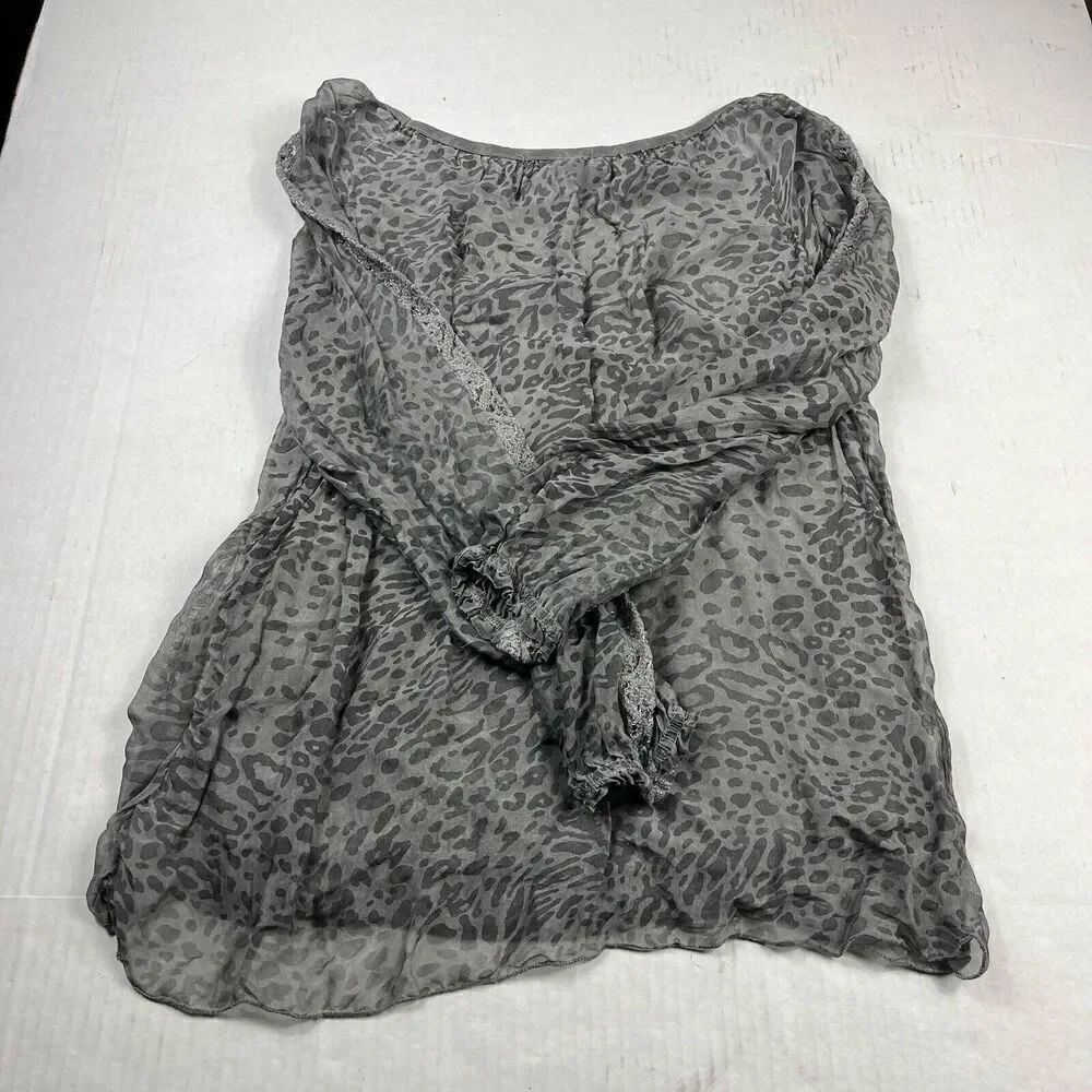 Tempo Paris Womens Silk Blend Peasant Blouse Gray Print Long Sleeve Top LARGE - Picture 9 of 11